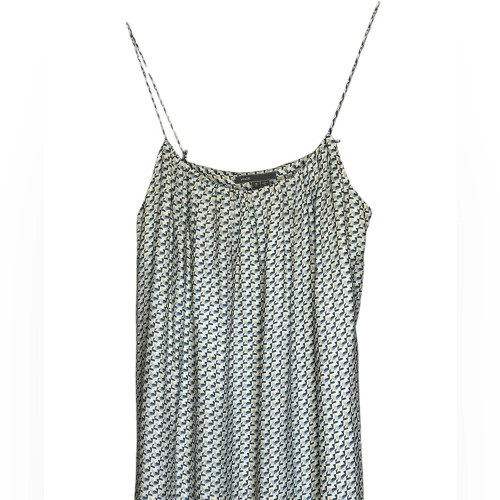 VINCE MAXI 100% SILK DRESS STAR PRINT BORDER CHARCOAL SPAGHETTI STRAP SZ S - Picture 3 of 9